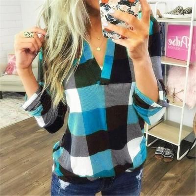 China 2020 Spring Sleeve CheapV-neck Long Sleeve Breathable Women Boutique Plaid Blouses Tops for sale