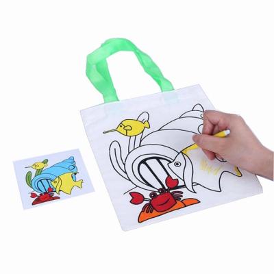 China DIY Art Painting Handbag Pictures Cotton Canvas Cartoon Folding Coloring Bag For Kids for sale