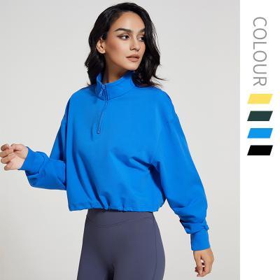 China 2022 New Women Breathable Breathable Support Up Collar Fitness Sports Sweatshirt Zipper Drawstring Long Sleeve Yoga Clothes Gym Cropped Hoodie for sale