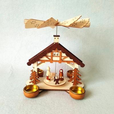 China Handmade Wooden Religious Crafts Nativity Scenes Christmas Pyramid With Four Candle Holders for sale