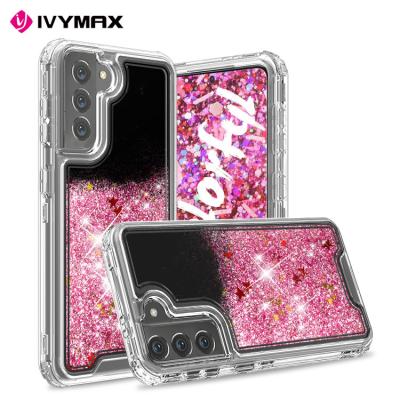 China Girls Liquid Sparkle Fashion Anti-drop Bling Shiny Quicksand Pink Floating Floral Floating Shockproof Phone Case For Galaxy S21 5G for sale