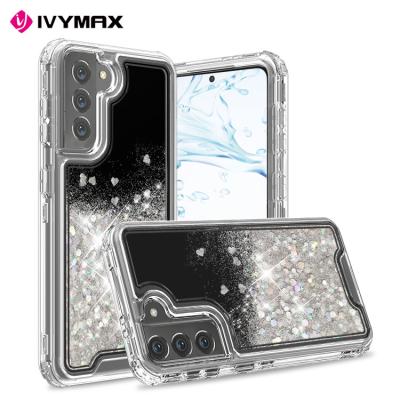 China Anti-fall Quicksand Case Clear Liquid Crystal Glitter Triple Style 3 in 1 Cell Phone Cover For Samsung S21 5G 6.2 for sale