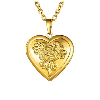 China Vintage Heart Pendant Necklace, 18K Gold Plated/Platinum Plated Rose Flower Memorial Photo Locket Necklace With Picture for sale