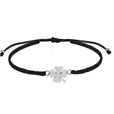 China TRENDY Silver Stainless Steel Four Leaf Clover Charm On Black Adjustable Bracelet for sale