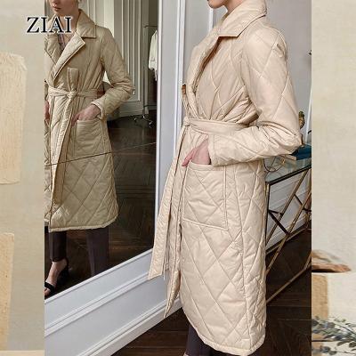 China Winter Straight Anti-Wrinkle Coat Long With Deep Pockets Rhombus Pattern Sashes Women Casual Parkas Worked Collar Stylish Outerwear for sale