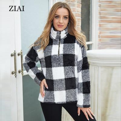 China Wholesale new style autumn and winter windproof plaid printing plush windproof ladies half-closure casual zipper sweater for sale