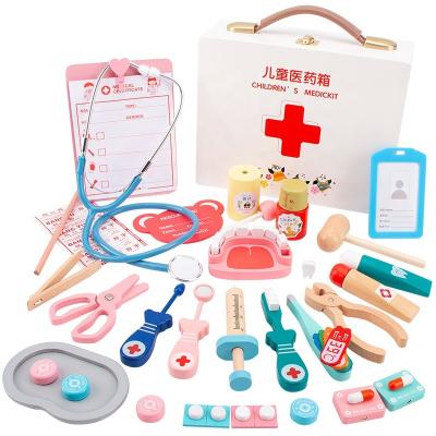 China Custom Wooden Doctor Role Play Medical Tool Simulate Wooden Medicine Box Doctor Toy for sale