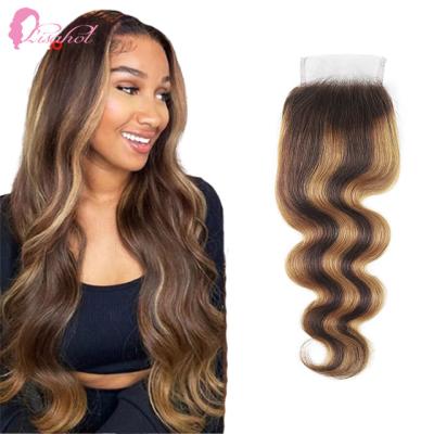 China High Density Remy Hair Highlight P4/27 Color Dark Brown Lace Closure Ombre Brazilian Body Wave Body Wave For Party for sale