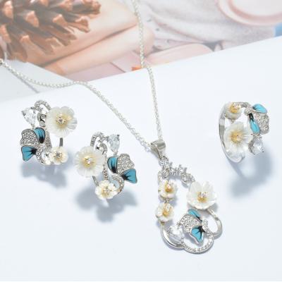 China CLASSIC 925 Sterling Silver Fashion Shell Flower Set Earrings Pendants And Rings For Women Jewelry for sale