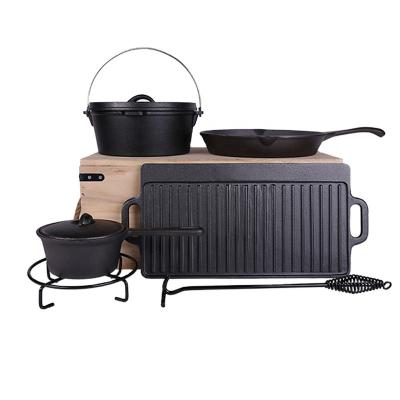 China General Use for Gas and Induction Cooker Low Price 7 Piece BBQ Pre-seasoned Heavy Duty Outdoor Camping Cast Iron Cookware Set Non Stick Camping pot with Wooden Box for sale