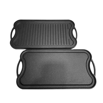 China Kitchen Restaurant Outdoor Bakery Double Side Rectangle Cast Iron Pre-seasoned Camping BBQ Multifunctional Kitchen Items Grill Pan Non Stick for Outdoor Grill for sale