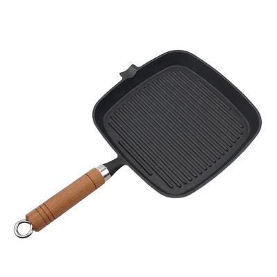 China CLASSIC High Quality Square Nonstick Cast Iron Grill Pan With Wooden Handle Steak Pot for sale