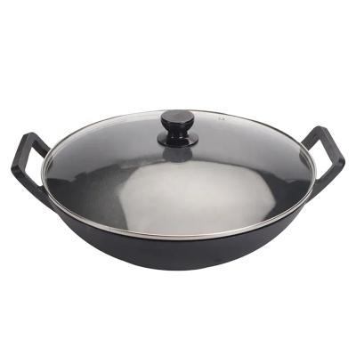 China Sustainable High Quality Preseasoned 14 Inch Cast Iron Large Capacity Chinese Wok Pan With Ear Handle for sale