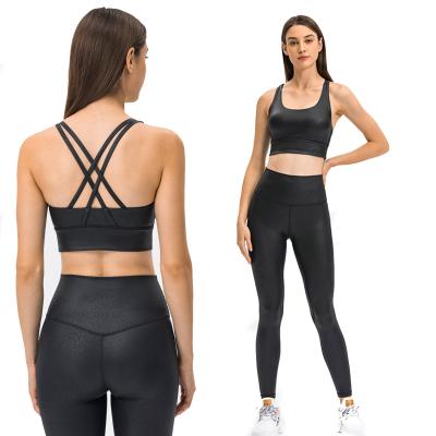 China 2021 lulu lemon bra breathable gold tanned sports nude bra cross back chest support women fitness shockproof top set for sale