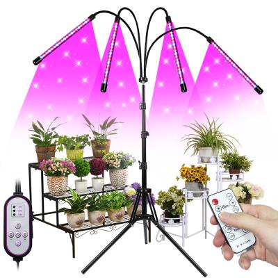 China Seed Starting Full Spectrum Dimmable Timer Gooseneck Grow Light Factory Auto ON/OFF 4 Head Tripod Light Red Blue UV Stand Lighting for sale