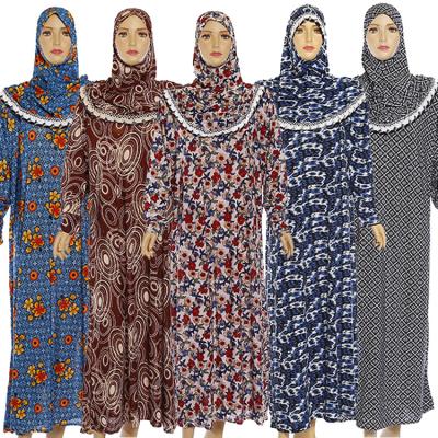 China Durable Wholesale Muslim Women Prayer Dresses Abaya Dress With Floral Printed Hijab Islamic Clothing for sale