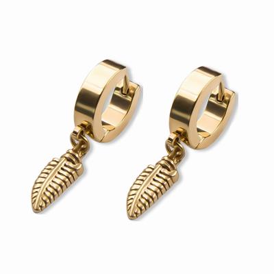 China Fashion Earrings 1 Pair Feather Huggie Hoop Earrings Ear Jewelry Gift Hinged Stainless Steel Hoop Piercing Earrings For Women Men for sale