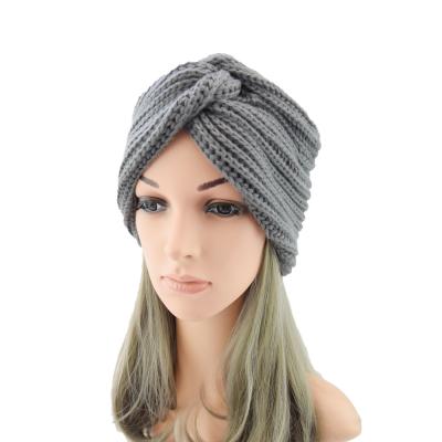 China COMMON Cross Indian Head Wrap Women Hijab Cowl Turbante Hats Muslim Winter Knitting Warm Hat for sale