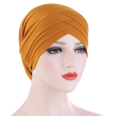 China Solid Color Overlay Beanie Turban Wrap Scarf Hats Daily Life Women Headband Muslim Forehead Headwear for sale