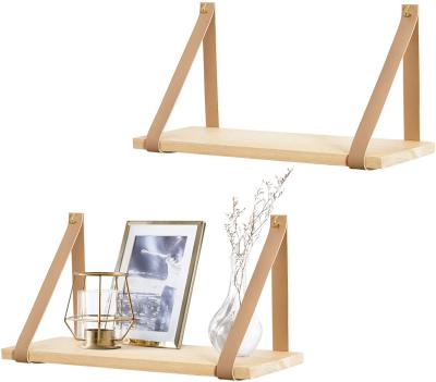 China Wooden Sustainable Hanging Floating Shelf Wall Storage Shelves Wood Leather Strap Swing Shelf for sale