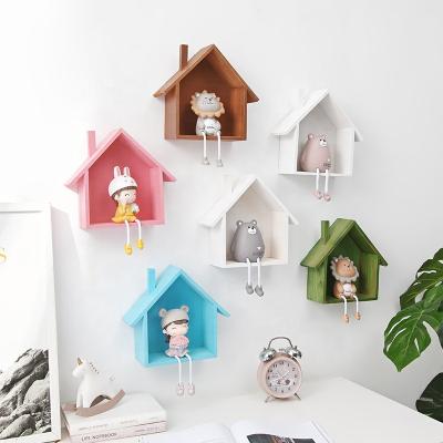 China Vintage Hot Sale Home Color Storage Small House Wall Shelf Living Room Wall Hanging Decorative Wooden Rack for sale