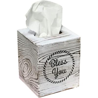 China Contemporary Rustic Farmhouse Tissue Box Lid includes the words Bless You on the front and back of the barn wood box for sale