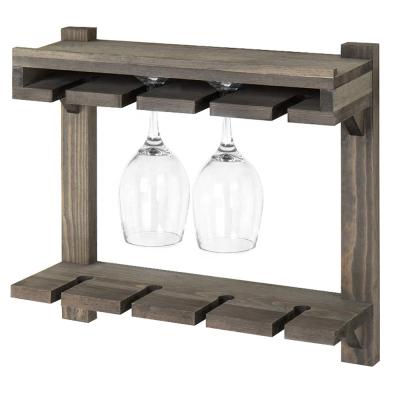 China Factory Quality 2-Tier Rustic Graywashed Graywashed Wooden Wine Rack Glass Wine Storage Rack Sustainable for sale