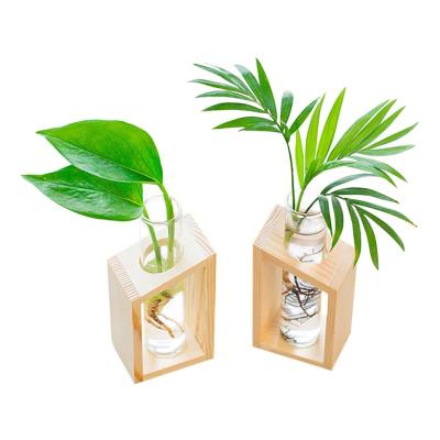 China Modern Mini Plant Greenhouse Crystal Glass Test Tube Wood Frame Vase For Hydroponic Plants Home Decoration for sale