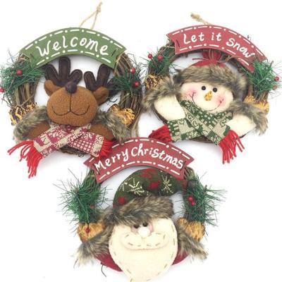 China Wooden Doll Garland Door Hanging Elk Snowman Santa Vine Circle Christmas Ornament Wooden Craft Trumpet Christmas Wreath for sale