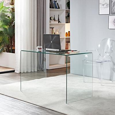 China Moderne studie gebogen glas tafel vol doorzichtig glas meubels tafel Te koop