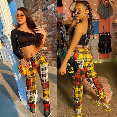 China Plus size Europe and the United States casual women's style trend personality plaid punk pants slim straight leg pants color matching for sale