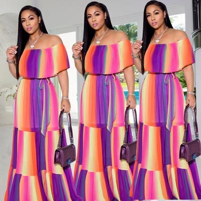 China Plus Size 2020 New European and American Strapless Striped Dress Color Strap One-shoulder Amazon Dress Printing New Long Skirt for sale