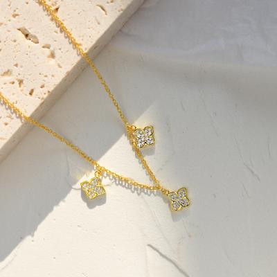 China Best Selling Romantic Diamond CZ 925 Sterling Silver Clover Tassel Choker Gold Plated Pendant Necklace For Women Love Gift for sale