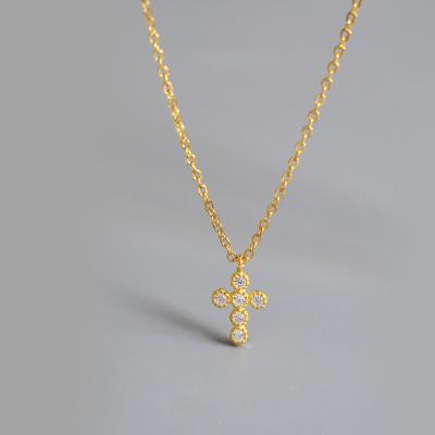 China Vintage Classic Mini Cross Gold Plated 925 Sterling Silver CZ Necklace For Women Girls for sale