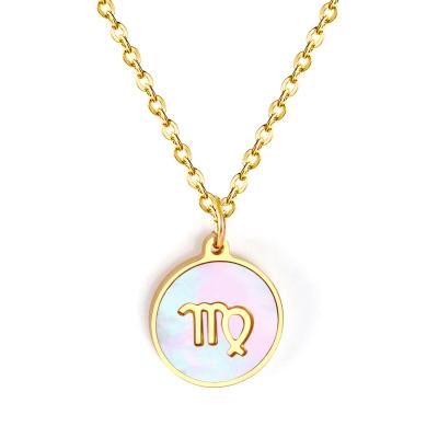 China Trendy Stainless Steel Zodiac Sign White Disc Fashion Jewelry Stainless Steel Gold Plated Shell Pendant Necklace for sale