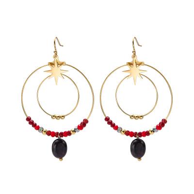 China New Arrival TRENDY Stainless Steel Gold Plated Double Circle Gemstone Bead Drop Earrings for sale