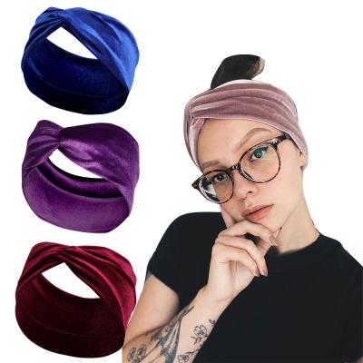 China Vintage Solid Color Velvet Thick Elastic Headbands Wide Twisted Knotted Hair Band for sale