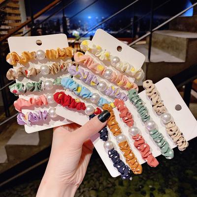 China High Quality Korean Hair Scrunchies Elastic Ribbon Style Ponytail Holder Hair Tie With Pearl For Women Girls for sale