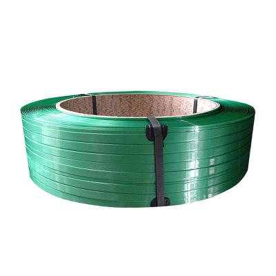 China Machine Packing High Tensile Strength Plastic Polyester Strap Embossed Smooth Green PET Strapping Roll for sale