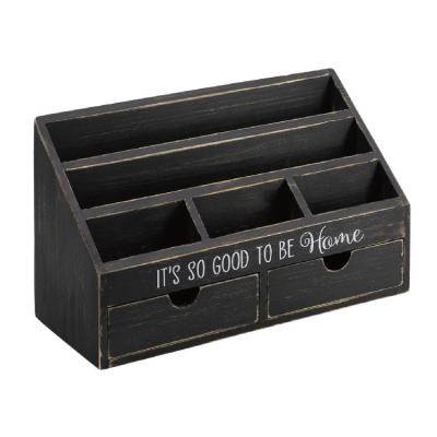 China HomeVintage Handmade Collective Black Wooden Desk Holder Organizer with 2 Drawers for sale