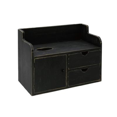 China Handmade Black Rustic Wood Storage Desk Organizer with Tissue Box for Home for sale