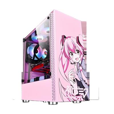 China Pink Color Desktop Production With Front Panel Glass Display PC Game Anime Computer Dustproof Outdoor Case for sale