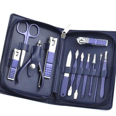 China Popular 12 Pieces Stainless Steel Manicure Kit Professional Grooming Kits Nail Care Tools with Luxurious Blue Zipper Travel Case for sale