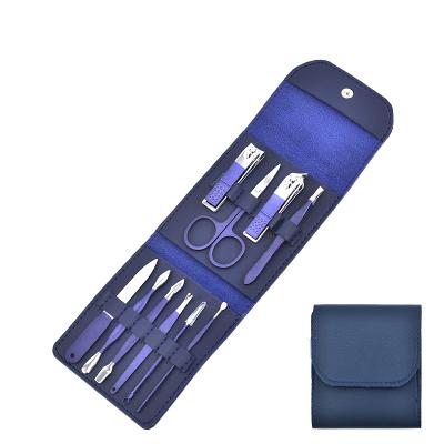 China Popular 10pcs Professional Nail Care Nail Grooming Set Pedicure Kit Gift Set with Case Blue Leather Manicure Set for sale