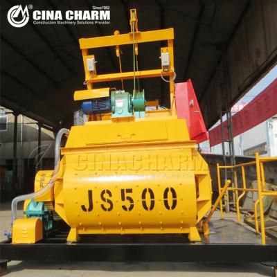 China Twin Shaft Concrete Mixing Tool Electric Motor JS500 Small Self Loading Concrete Mixer Price for sale