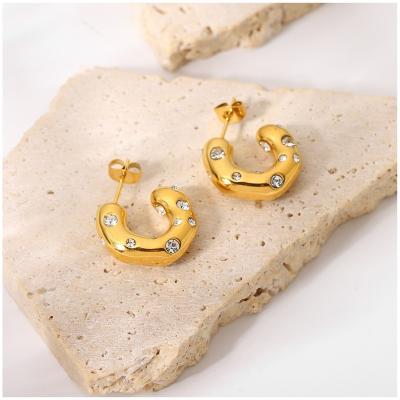 China Lead Free Nickel Free Irregular C Shape Chunky Zircon Earring Stainless Steel Gold Plated Jewelry for sale