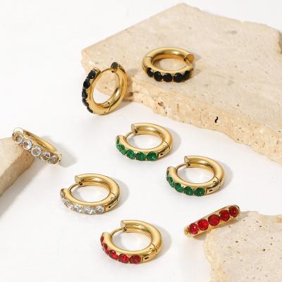 China Trendy Wholesale Fashion Women Jewelry 14K Gold Plated Colorful Stainless Steel Zircon Circle Huggies Earrings for sale