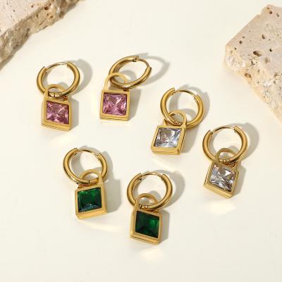 China TRENDY Gold Plated Circle Earrings CZ Jewelry Women Stainless Steel Square Zircon Crystal Huggie Earrings for sale