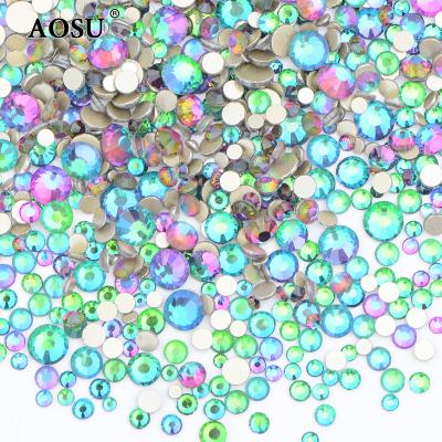 China Hot Selling Wholesale Flatback AOSU Size Flatback Mixed Crystals Stone Green Flame Glass Rhinestone For Nail Art for sale