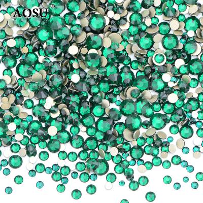 China Wholesale Mix Size Flatback AOSU Non Hotfix Emerald Color Crystal Stones Round Glass Rhinestone For Clothing Jewelry Making for sale